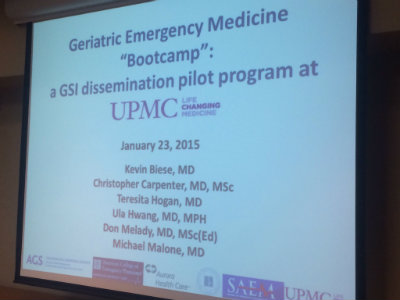 Designed to disseminate the evidence-based Geriatric Emergency Department (ED) Guidelines, the boot camp is an interdisciplinary, on-site catalyst for system change. This slide was from the Pittsburgh event.